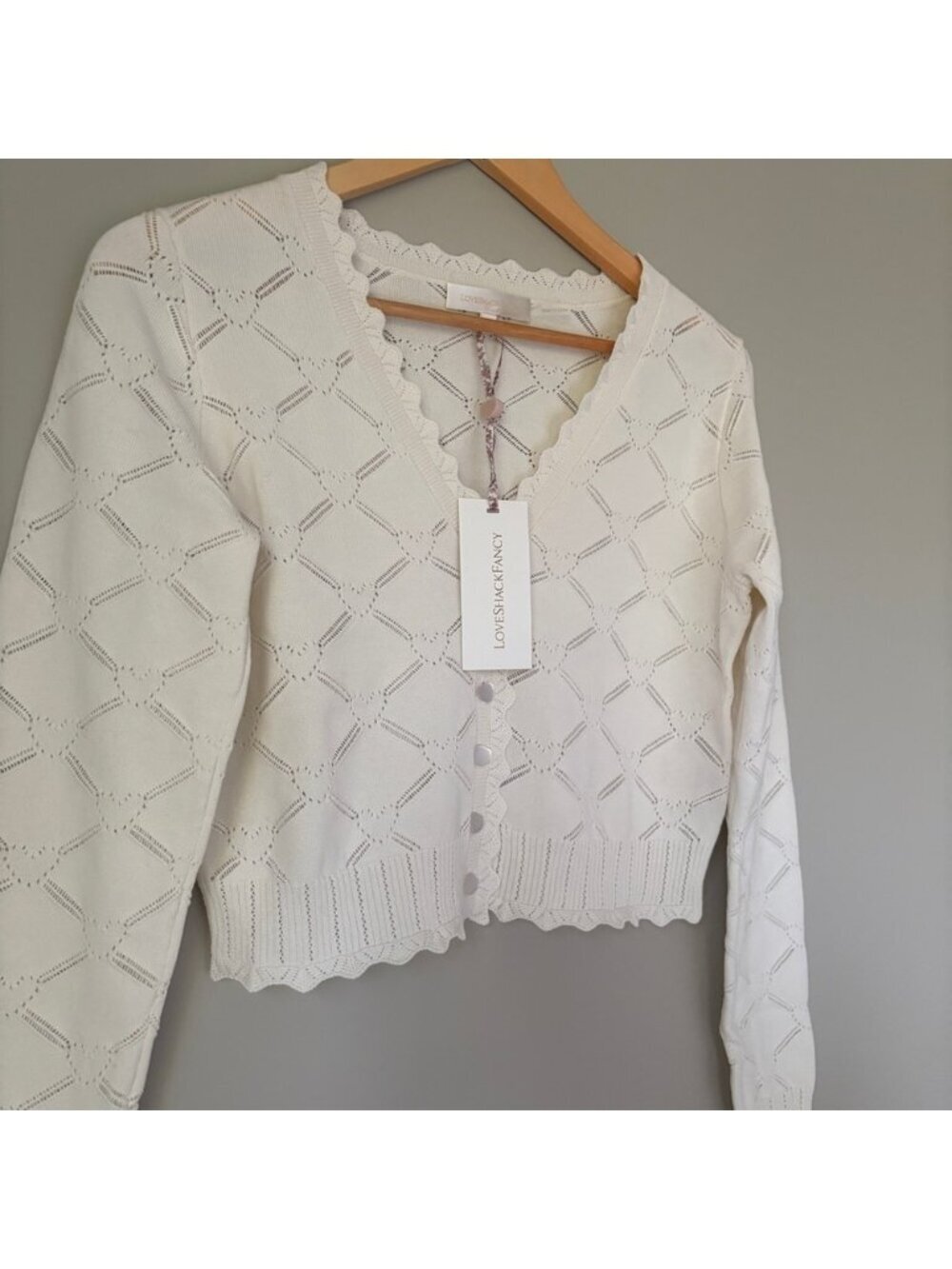 NWT LoveShackFancy Petra Knit Heart Argyle Cardigan Parchment Cream Ivory | S - Picture 7 of 14